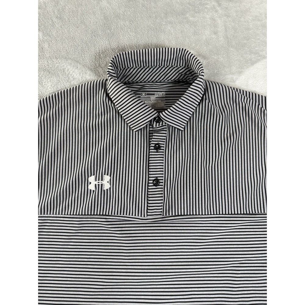 Under‎ Armour Shirt Mens XL Black Grey Striped Polo Loose Heatgear